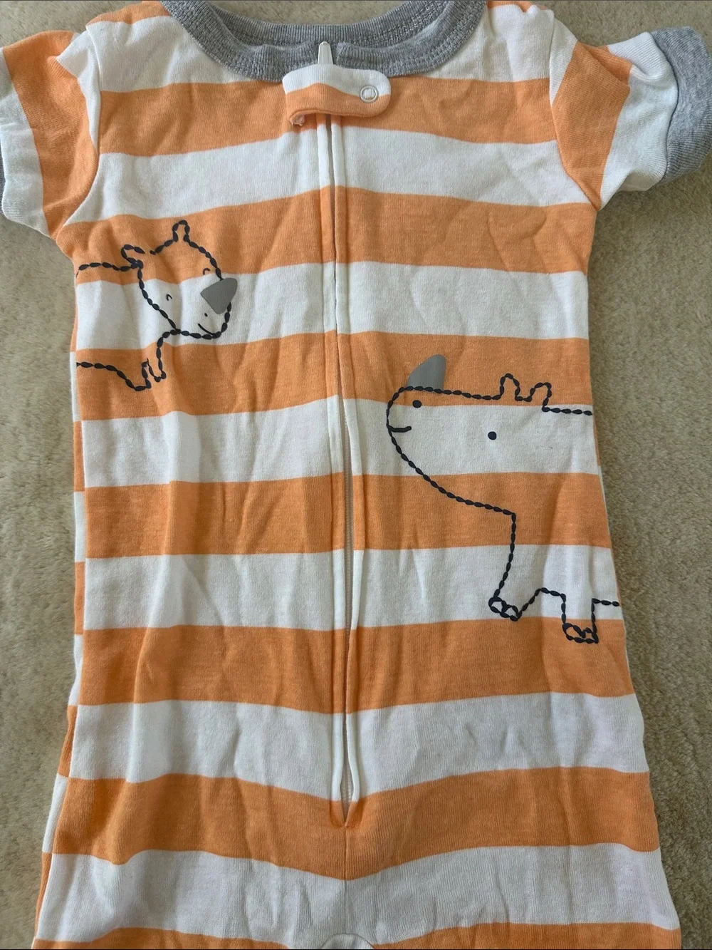 Carter's Orange and White Stripe Dino Short Sleeve Pajama Romper